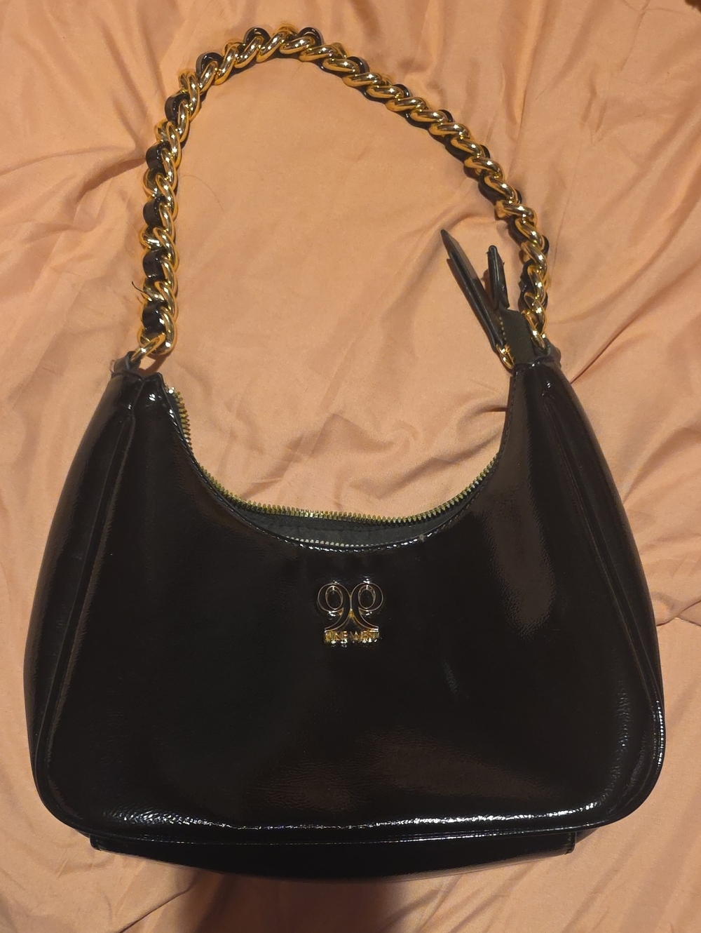 Black Patent Shoulder Bag with Gold Chain Strap